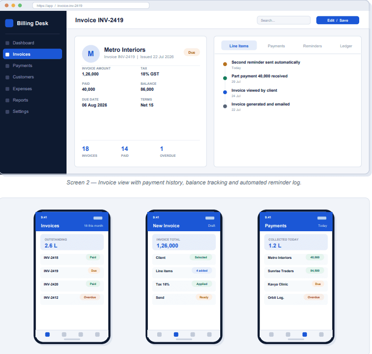 Billing Software detail and mobile screens