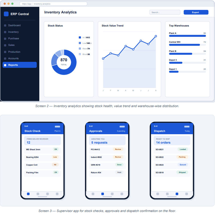 ERP Software detail and mobile screens